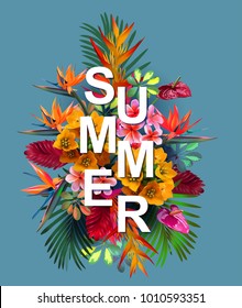 vector summer banner with tropical flowers and leaves.Elegant floral vector composition. A print for a tshirt. Tropical flowers 