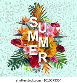 Vector Summer Banner With Tropical Flowers And Leaves