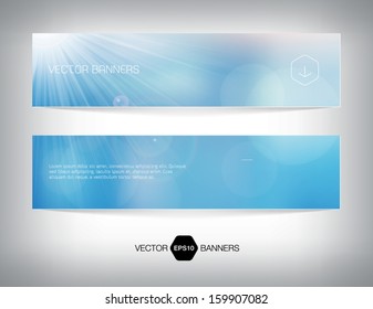 Vector summer banners with soft blurry bokeh background and bright sun over a blue sky