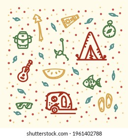Vector Summer beach background. Linear children's pattern with Tent Camp, Fish, Watermelon. Doodle-style texture with summer accessories. Vector illustration