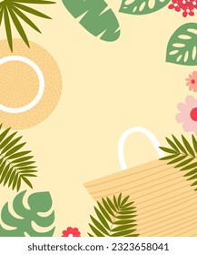 Vector summer beach background with tropical leaves and beach accessories. Flat summer background for text.
