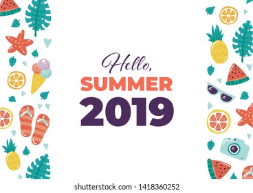 Vector summer beach banner template. Vertical border frame of flat cartoon fruits and travel vacation equipment and lettering text hello summer 2019 isolated on white background.