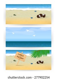 Vector summer beach banners. Sand, ocean, sky, beach.