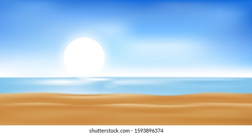 Vector Summer beach with blue ocean, sun and clear sky,Illustration Sea scape with soft bokeh sky light in hot sunny day, Blurry tropical beach with sun light. Holiday background