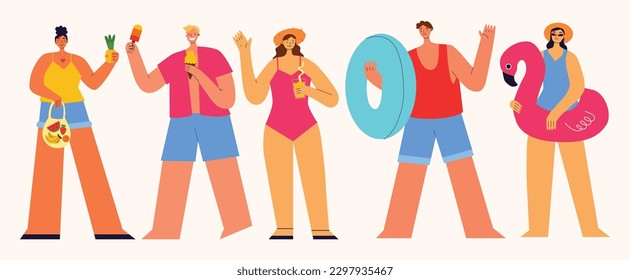 Vector summer beach characters. Men and women