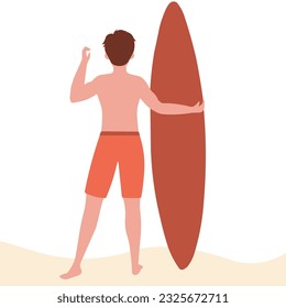 Vector summer beach concept. Man standing with surfboard illustration.