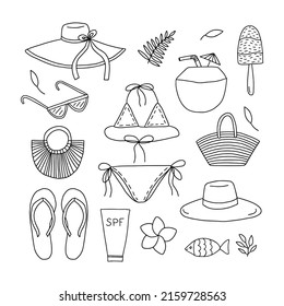 Vector summer beach elements set. Doodle hand drawn summer items set