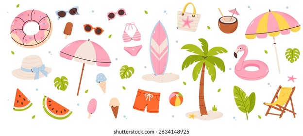Vector summer beach elements set. Colorful flat illustration of tropical vacation items. Isolated on white background. 