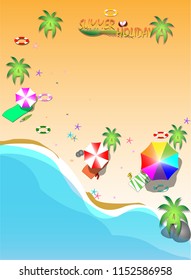 Vector Summer Beach Holiday with Umbrella, Coconut Tree, Orange Blue Sea And there is space for writing text.
