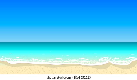 Vector summer beach horizontal background. Deep blue sea, sand coast, tourism, travel, vacation, salt water, ocean bay, white foam, bright colors, good weather, summy day, beautiful landscape, sky