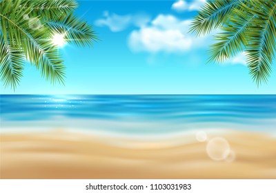 Vector summer beach landscape with palm trees, sea, shining sun and clouds