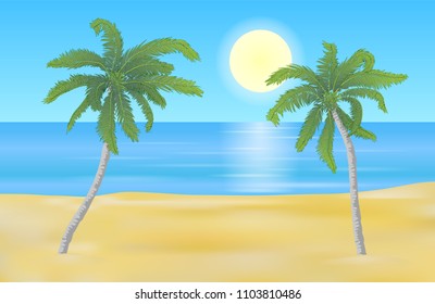 Vector summer beach landscape with yellow shaded sand and detailed palm trees.
