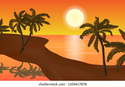 Vector summer beach landscape with yellow shaded sand and detailed palm trees in orange sunset.