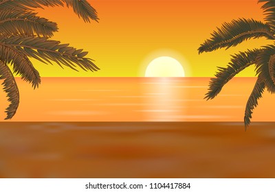 Vector summer beach landscape with yellow shaded sand and detailed palm trees in orange sunset.