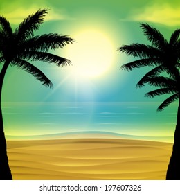 Vector summer beach with palm trees, background illustration