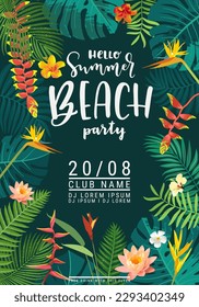 Vector Summer Beach Party beautiful jungle exotic leaves flyer, poster, banner. Calligraphic summer design. Monstera, hibiscus, bird of paradise flowers, tropical plants. Summertime illustration