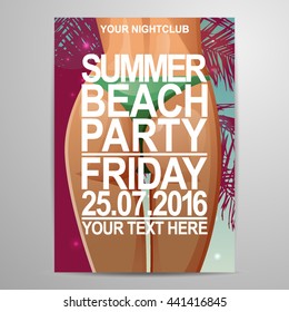 Vector Summer Beach Party flier Design with typographic elements on ocean landscape background.