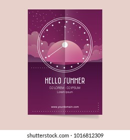 Vector Summer Beach Party Flyer Design with typographic elements on ocean landscape background
