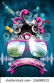 Vector Summer Beach Party Flyer Design With Speakers And Sunglasses On Blue Background. Eps10 Illustration.