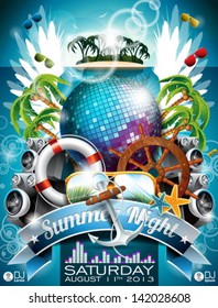 Vector Summer Beach Party Flyer Design with disco ball and shipping elements on tropical background. Eps10 illustration.