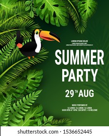 Vector Summer Beach Party Flyer Illustration with typographic design on nature background with palm leaves