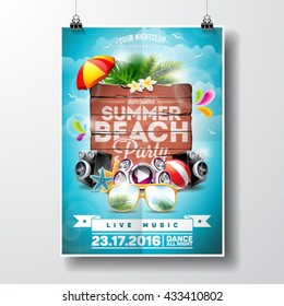 Vector Summer Beach Party Flyer Design With Typographic Elements On Wood Texture Background. Summer Nature Floral Elements And Sunglasses. Eps10 Illustration.