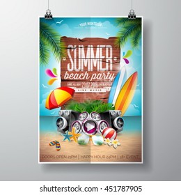 Vector Summer Beach Party Flyer Design With Typographic Elements On Wood Texture Background. Summer Nature Floral Elements, Surf, Board, Music Objects And Sunglasses. Eps10 Illustration.
