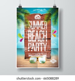 Vector Summer Beach Party Flyer Design With Typographic Elements On Wood Texture Background. Summer Nature Floral Elements And Sunglasses. Eps10 Illustration.