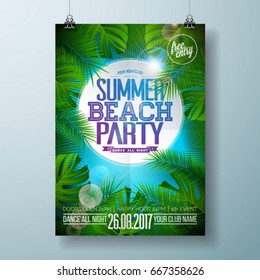 Vector Summer Beach Party Flyer Design With Typographic Design On Nature Background With Palm Leaves. Eps10 Illustration.