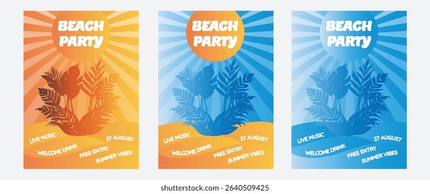 Vector summer beach party gradient blue orange poster background set with copy space for text. Cover template with tropical plants, leaves and flowers, sun, wave, beach, sunset. Trendy summer design.	