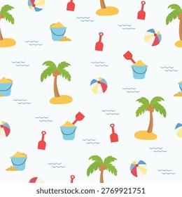 Vector Summer Beach Pattern playful seamless pattern with Palm Trees, Sand Buckets and colorful beach balls scattered across a light background
