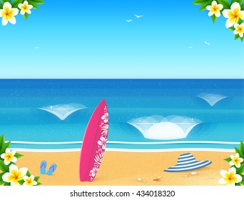 Vector summer beach postcard template with sand, waves, surfing board and slippers
