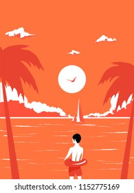 vector summer beach poster of a boy with swiming ring, palms and boat sailing in ocean