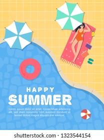 Vector summer beach poster. Girls relax and swimming in the pool. Summertime travel illustration.