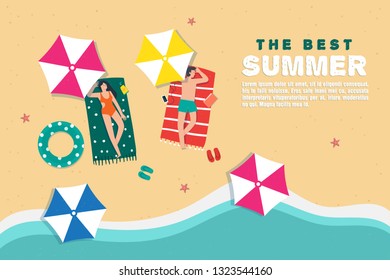 Vector summer beach poster. Girls relax and swimming in the pool. Summertime travel illustration.