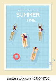 Vector summer beach poster. Girls relax and swimming in the pool. Summertime travel illustration. Top view, bird's-eye