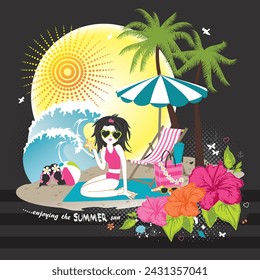 Vector summer beach print. Artwork features a girl sitting on the beach with hibiscus flowers, waves, sunset, palm trees and an umbrella on a striped black background. Apparel graphic artwork.