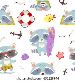 vector summer beach raccoon seamless pattern