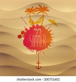 Vector summer beach sand illustration with hammock and palm trees
