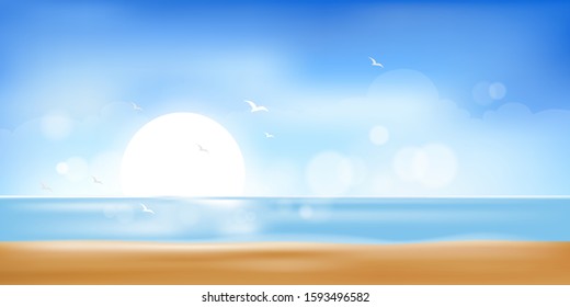 Vector Summer beach with sand, sun and blue sky,Illustration Sea scape with soft bokeh sky light in hot sunny day, Blurry tropical beach with sun light. Holiday background