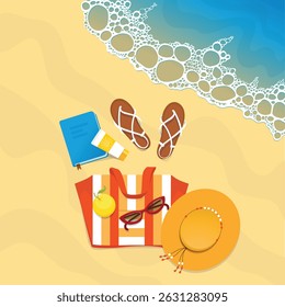 Vector summer beach with sandals, sun hat, striped bag, sunscreen, sunglasses, book and sea foam. Perfect illustration for vacation, travel and summer concepts and banners