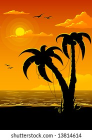 playa vectorial de verano con solárium marino y ilustración de palmeras