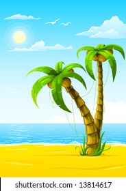 playa vectorial de verano con solárium marino y ilustración de palmeras
