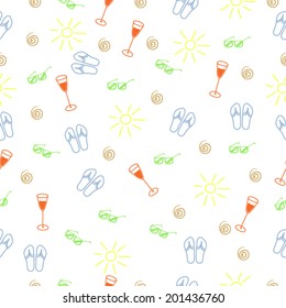 vector summer beach seamless pattern with slippers, glass, sunglasses and sun