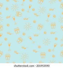 vector summer beach seamless pattern with slippers, glass, sunglasses and sun