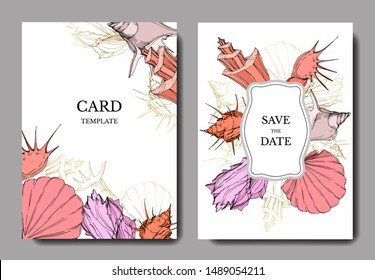 Vector Summer beach seashell tropical elements. Engraved ink art. Wedding background card decorative border. Thank you, rsvp, invitation elegant card illustration graphic set banner.