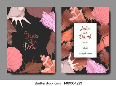 Vector Summer beach seashell tropical elements. Engraved ink art. Wedding background card decorative border. Thank you, rsvp, invitation elegant card illustration graphic set banner.