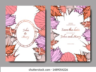 Vector Elementos tropicales de conchas de playa de verano. Arte de tinta grabada. Borde decorativo de tarjeta de fondo de Boda. Gracias, rsvp, invitación elegante tarjeta ilustración gráfico conjunto Anuncio.