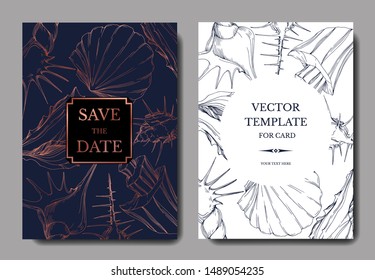 Vector Summer beach seashell tropical elements. Engraved ink art. Wedding background card decorative border. Thank you, rsvp, invitation elegant card illustration graphic set banner.