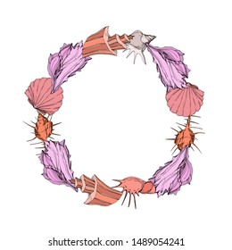 Vector Summer beach seashell tropical elements. Engraved ink art. Frame border ornament square on white background.